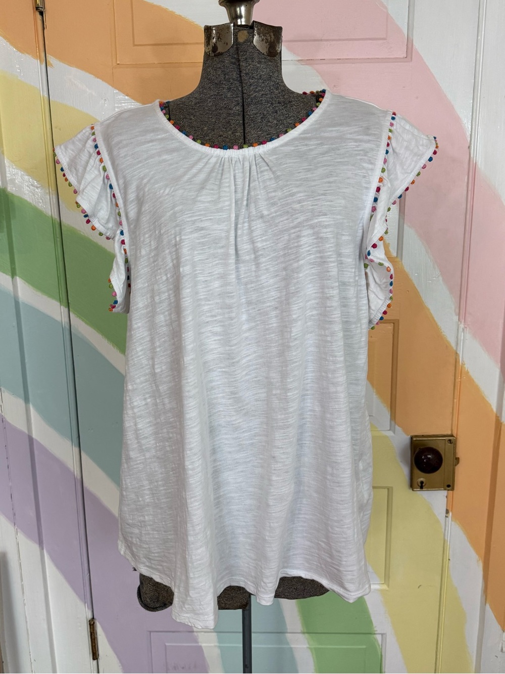 Boden Colorful Pom Trim Ruffle Sleeve 100% Cotton Top Sz 20 💚🍄 - Picture 2 of 9